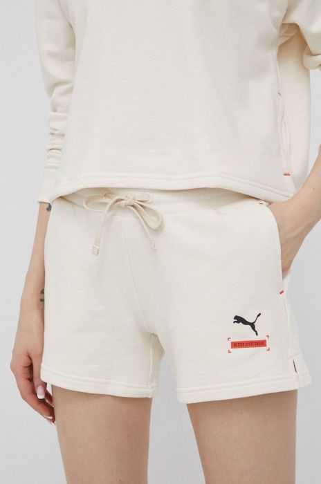 Бавовняні шорти Puma 847466 жіночі колір бежевий однотонні висока посадка
