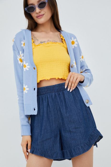 Бавовняні шорти Pieces жіночі колір синій однотонні висока посадка