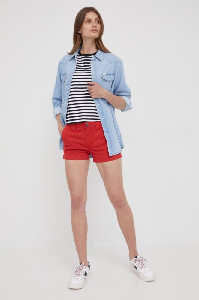 Бавовняні шорти Pepe Jeans Balboa Short жіночі колір червоний однотонні середня посадка фото 2