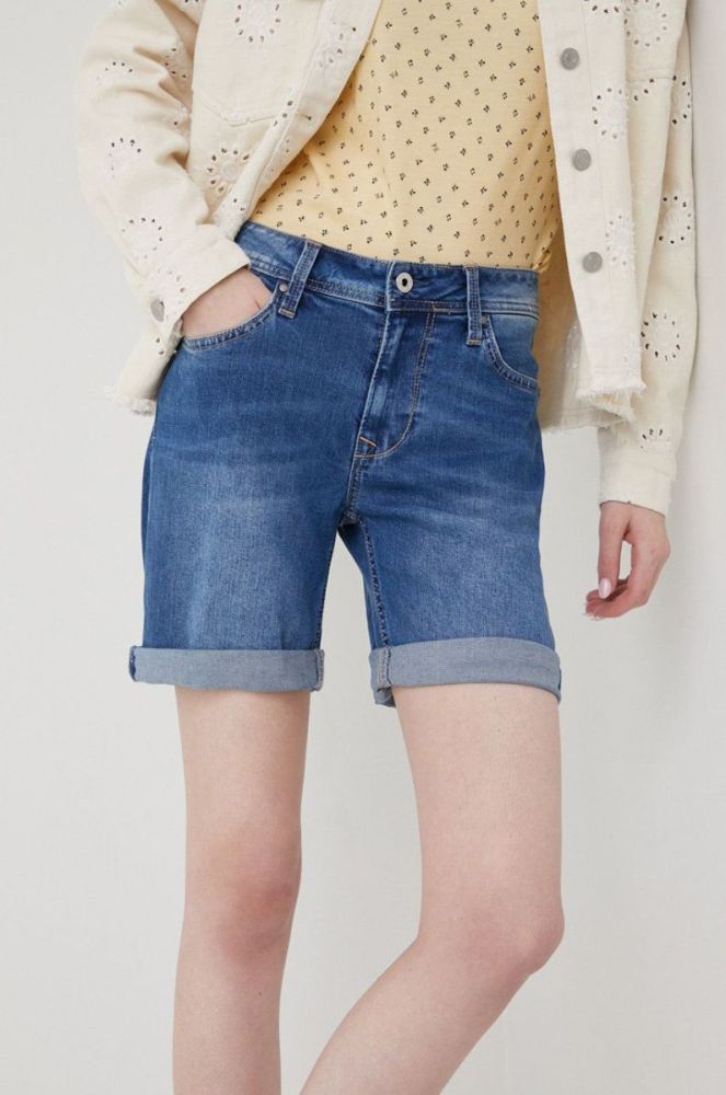 Джинсові шорти Pepe Jeans Poppy жіночі колір синій однотонні середня посадка фото 2