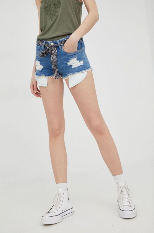 Джинсові шорти Superdry жіночі з аплікацією середня посадка колір блакитний