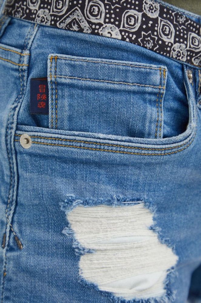 Джинсові шорти Superdry жіночі з аплікацією середня посадка колір блакитний фото 4
