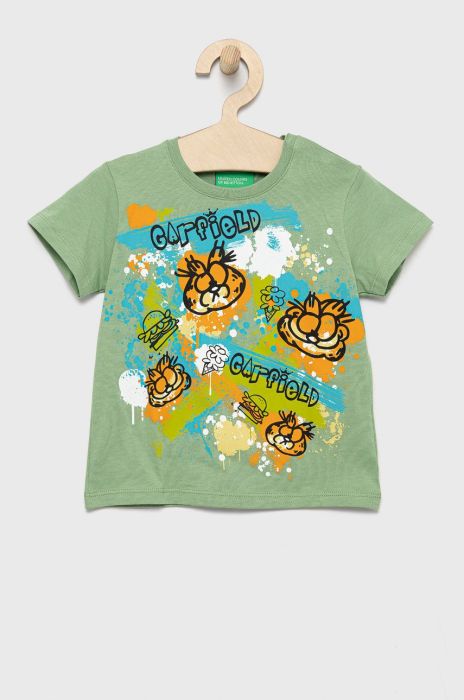 Дитяча бавовняна футболка United Colors of Benetton колір зелений з принтом (2366650)