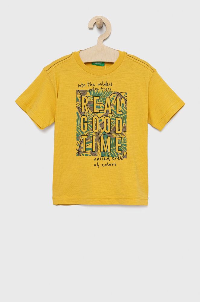 Дитяча бавовняна футболка United Colors of Benetton колір жовтий з принтом (2305291)