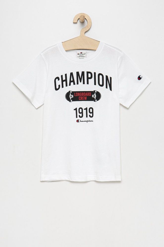 Дитяча бавовняна футболка Champion 305993 колір білий з принтом