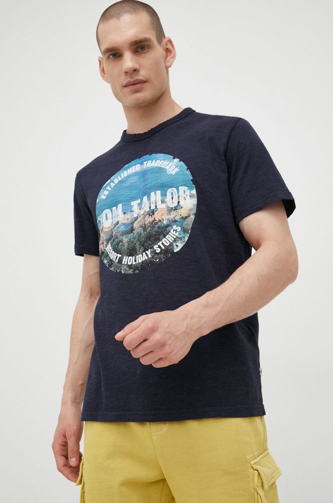 Бавовняна футболка Tom Tailor колір синій з принтом (2453999)