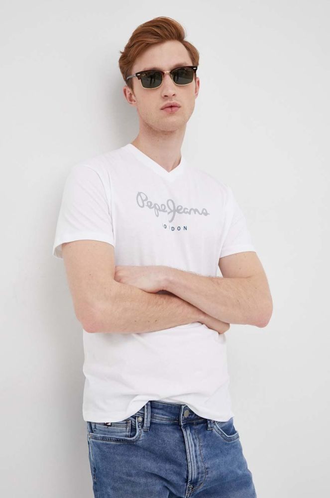 Бавовняна футболка Pepe Jeans Eggo V N колір білий з принтом