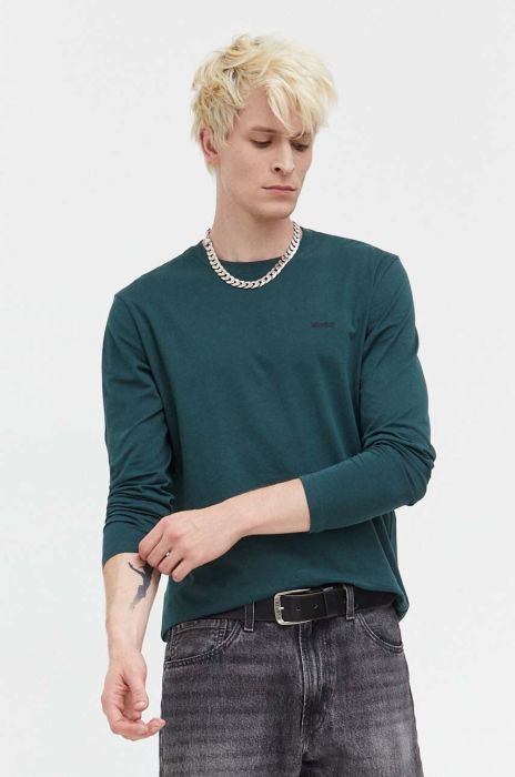 Бавовняний лонгслів HUGO колір зелений однотонний (3480572)