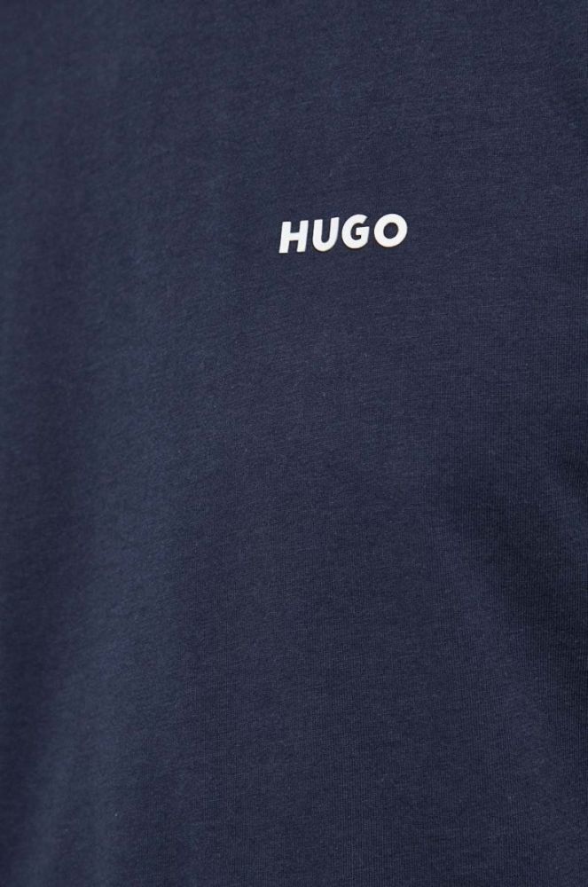 Бавовняний лонгслів HUGO колір синій з принтом фото 5