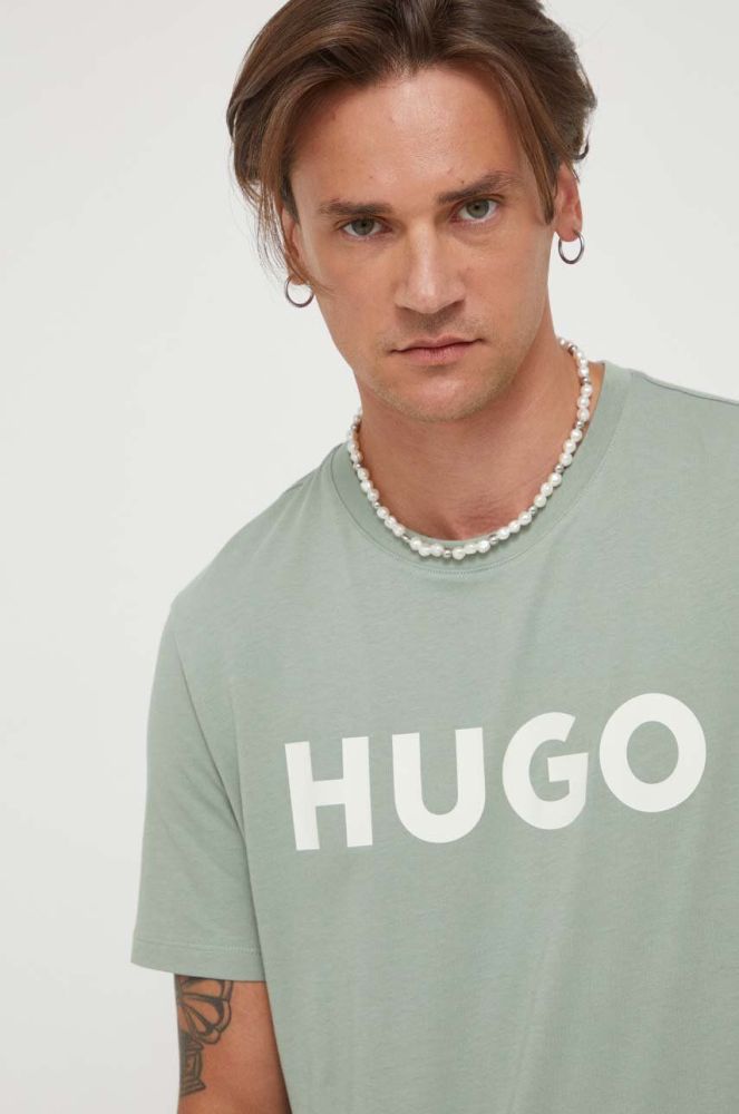Бавовняна футболка HUGO колір зелений з принтом (3360895)
