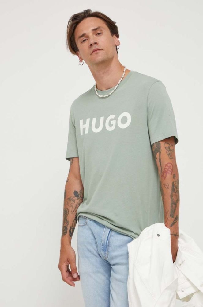 Бавовняна футболка HUGO колір зелений з принтом (3360895) фото 4
