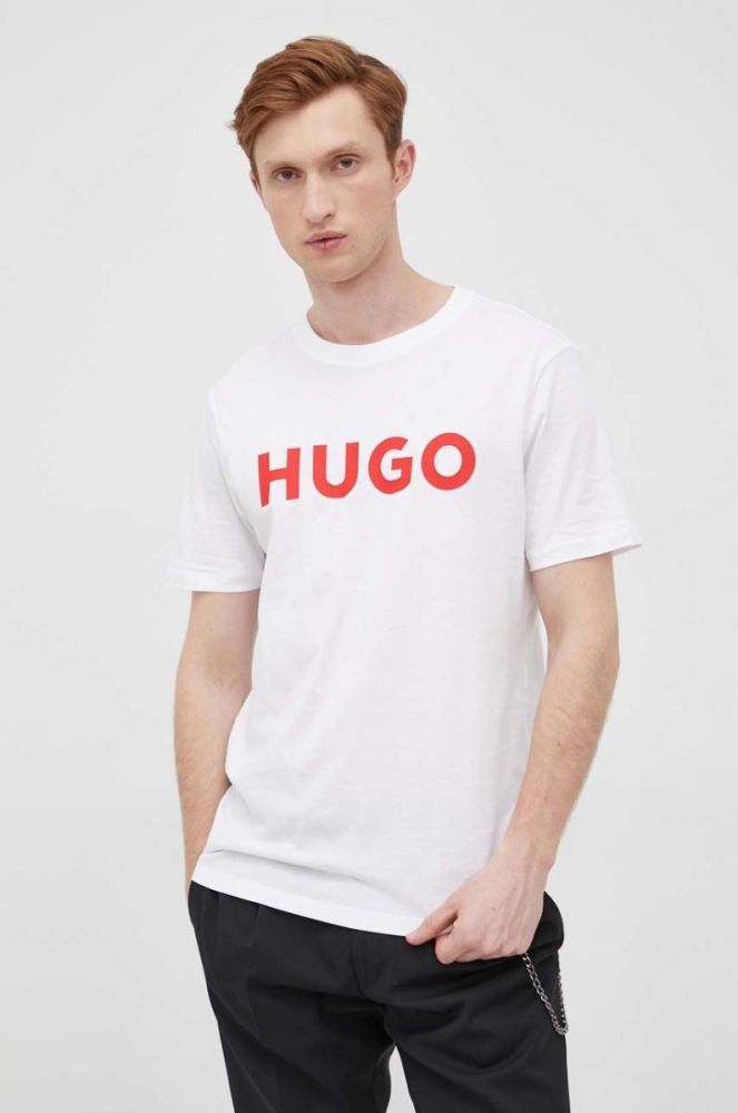 Бавовняна футболка HUGO колір білий з принтом (2248220) фото 4