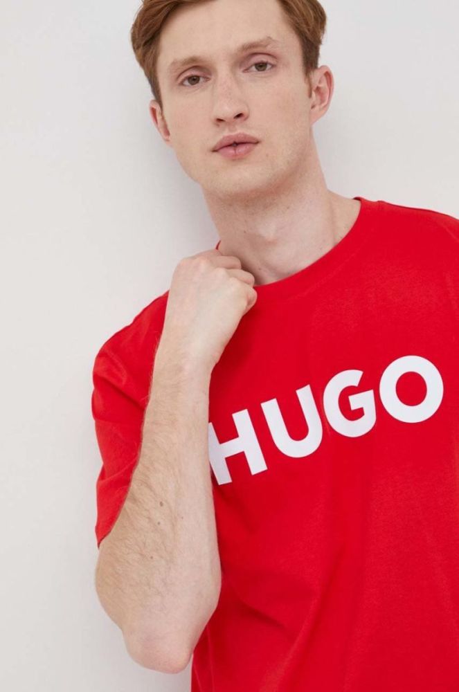 Бавовняна футболка HUGO колір червоний з принтом (2248242) фото 4
