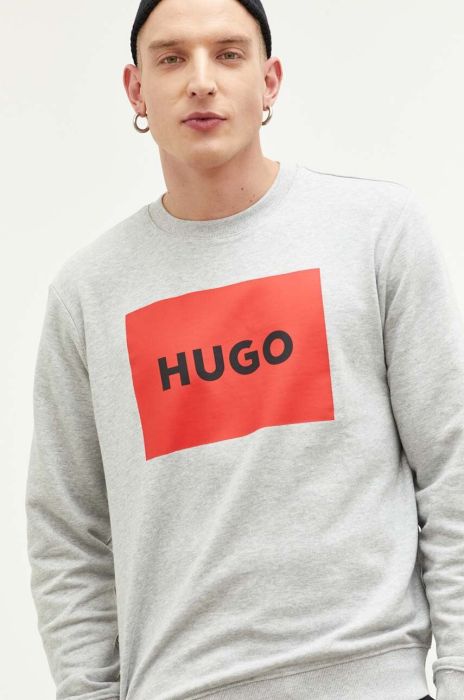 Бавовняна кофта HUGO чоловіча колір сірий з принтом (3313998) Бавовняна кофта HUGO чоловіча колір сірий з принтом (3313998)
