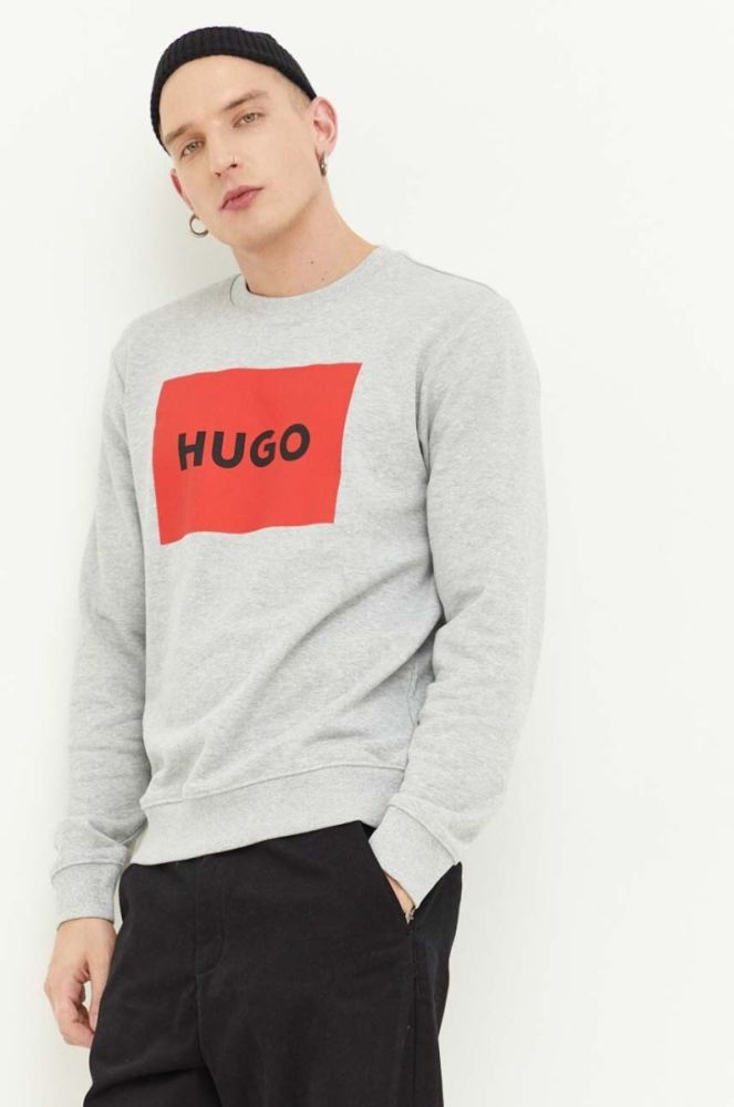 Бавовняна кофта HUGO чоловіча колір сірий з принтом (3313998) фото 4
