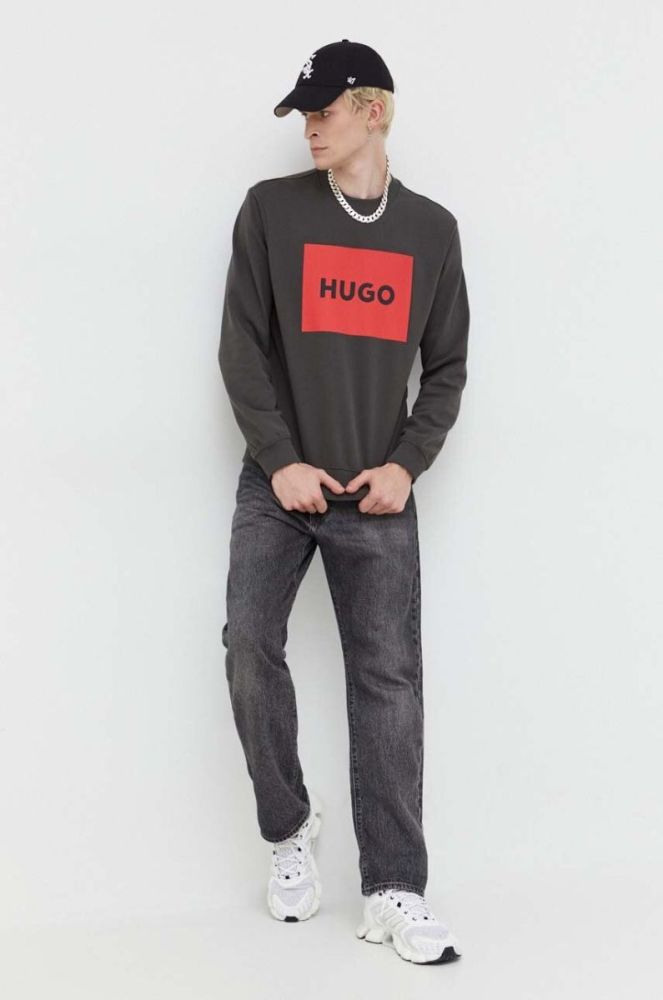 Бавовняна кофта HUGO чоловіча колір сірий з принтом (3480577) фото 2