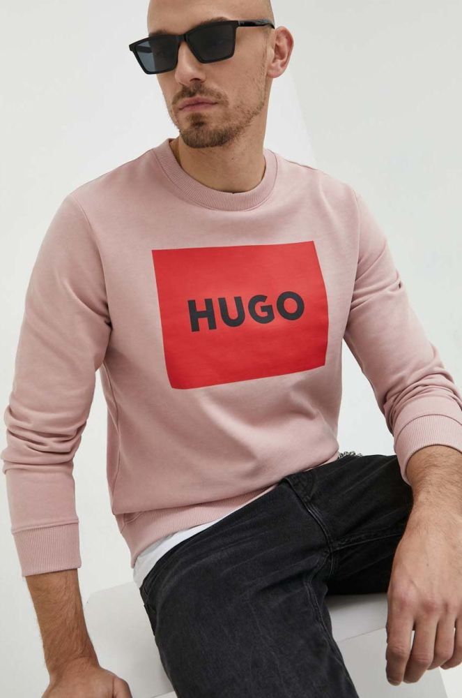 Бавовняна кофта HUGO чоловіча колір рожевий з принтом