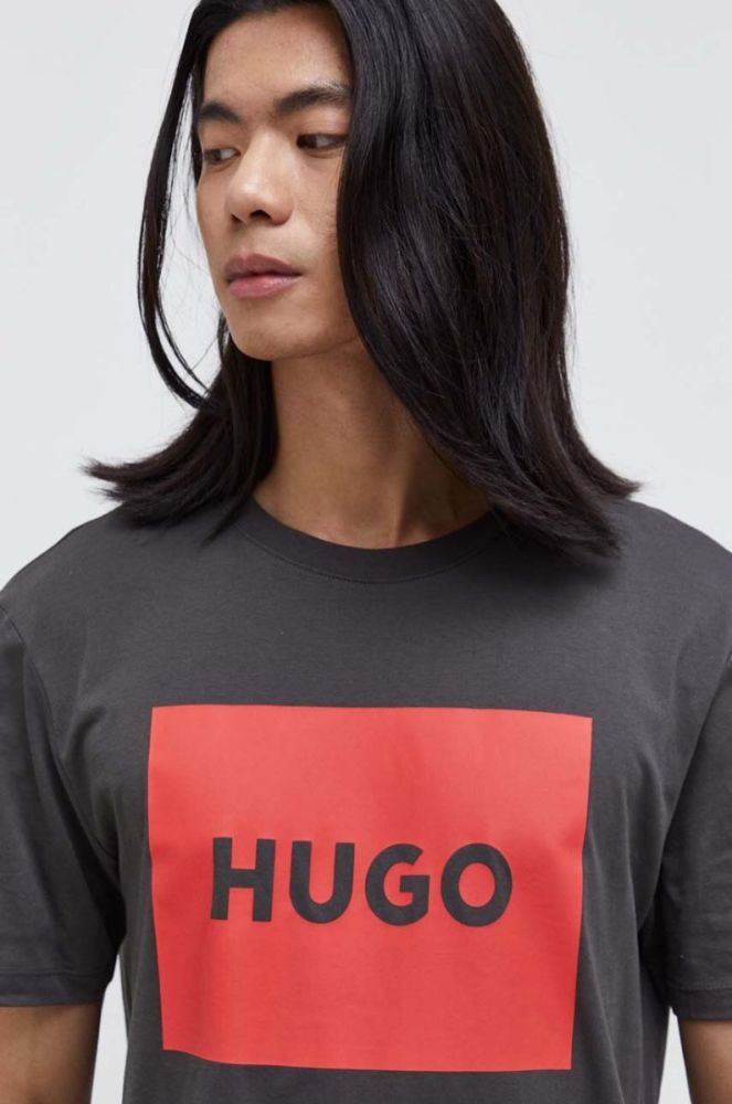 Бавовняна футболка HUGO колір сірий з принтом (3508738) фото 4