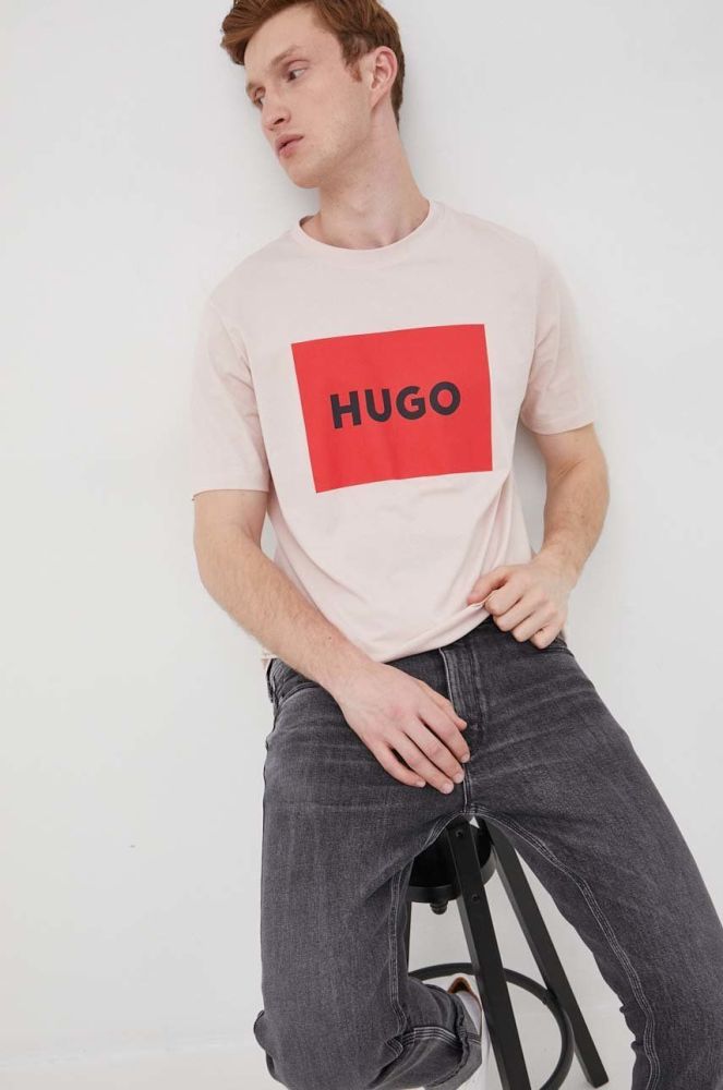 Бавовняна футболка HUGO колір рожевий з принтом (2255371)
