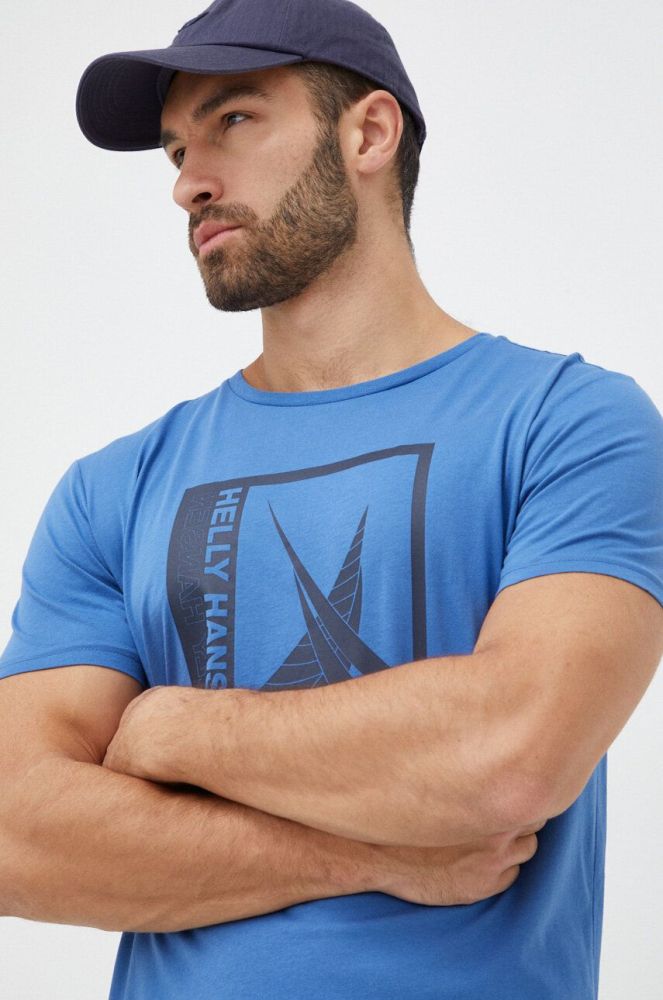 Бавовняна футболка Helly Hansen з принтом колір блакитний