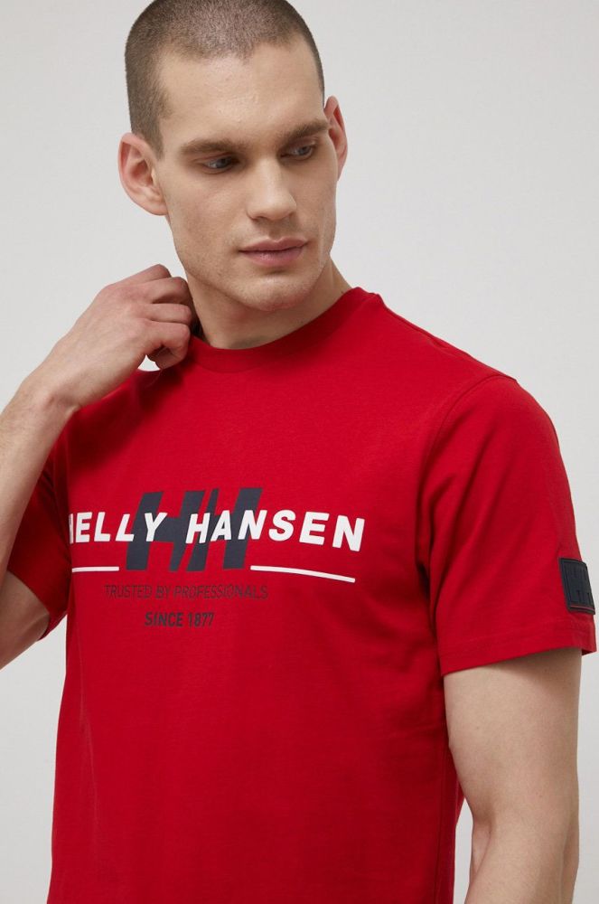 Бавовняна футболка Helly Hansen колір червоний з принтом
