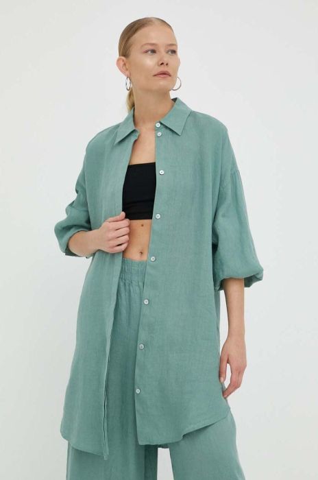 Сорочка з льону Drykorn Midinia колір зелений relaxed класичний комір