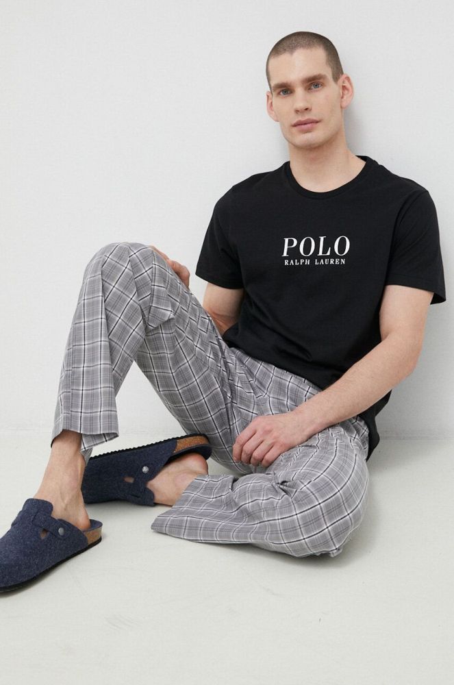 Бавовняна піжамна футболка Polo Ralph Lauren колір чорний з принтом