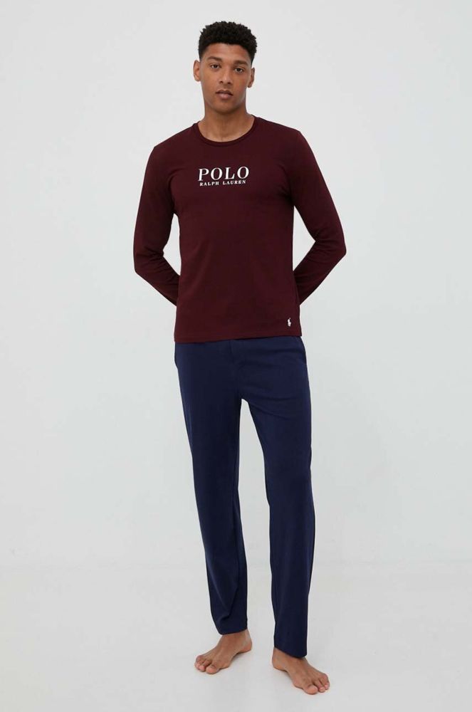 Піжамний бавовняний лонгслів Polo Ralph Lauren колір бордовий з принтом