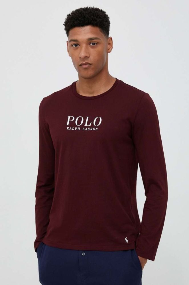 Піжамний бавовняний лонгслів Polo Ralph Lauren колір бордовий з принтом фото 2