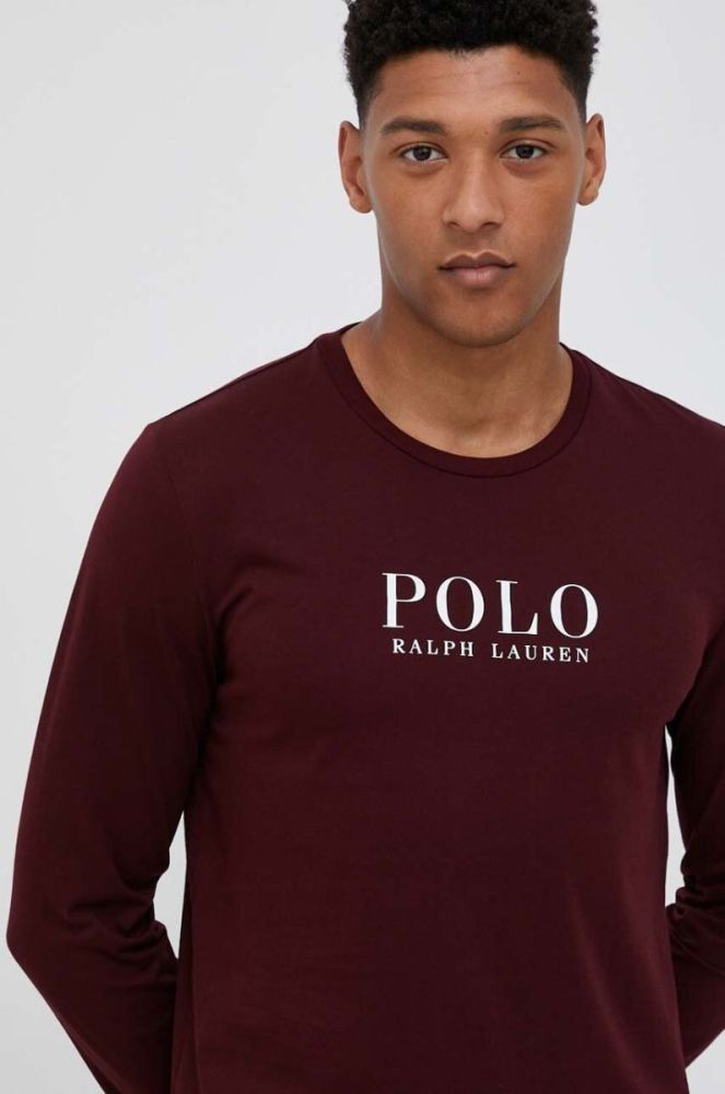 Піжамний бавовняний лонгслів Polo Ralph Lauren колір бордовий з принтом фото 4