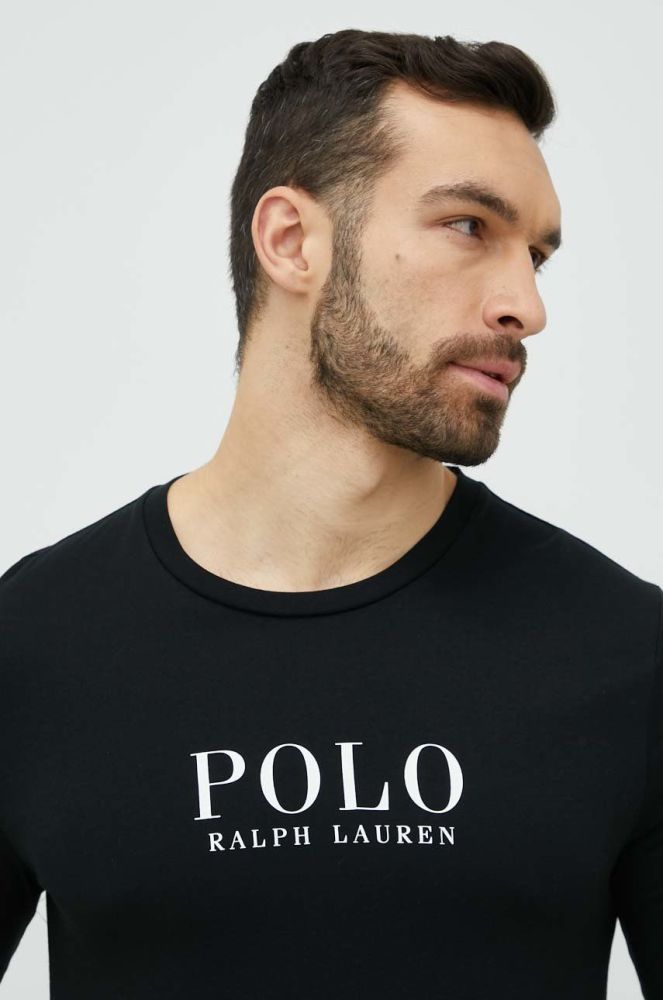 Піжамний бавовняний лонгслів Polo Ralph Lauren колір чорний з принтом