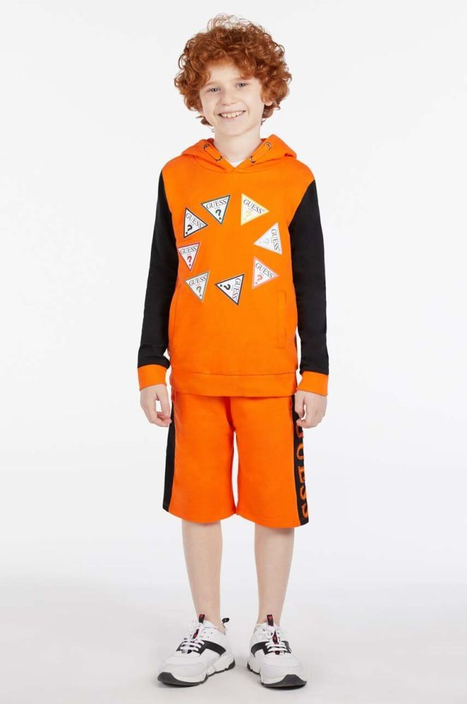 Дитяча бавовняна кофта Guess колір помаранчевий з капюшоном візерунок (2877711)
