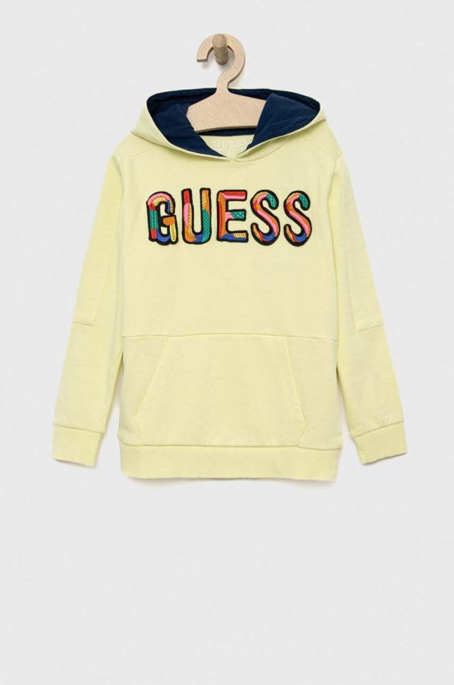 Дитяча бавовняна кофта Guess колір зелений з капюшоном з аплікацією (3051428)