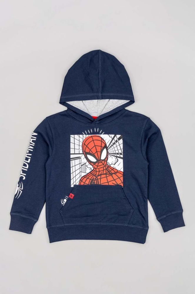 Дитяча бавовняна кофта zippy x Spiderman колір синій з капюшоном з принтом
