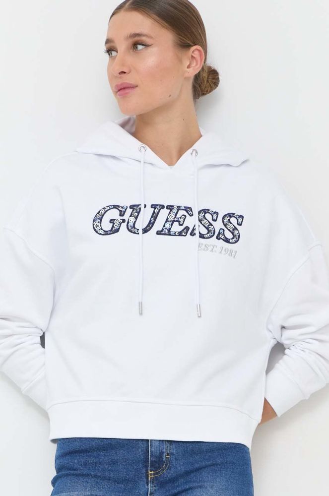 Кофта Guess жіноча колір білий з капюшоном з аплікацією (2863660)