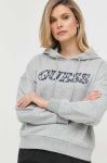 Кофта Guess жіноча колір сірий з капюшоном з аплікацією