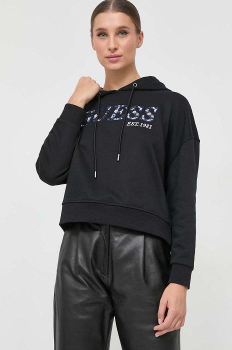 Кофта Guess жіноча колір чорний з капюшоном з аплікацією (2863665)