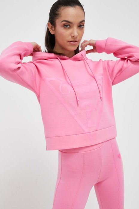Кофта Guess жіноча колір рожевий з капюшоном з принтом (3322906)