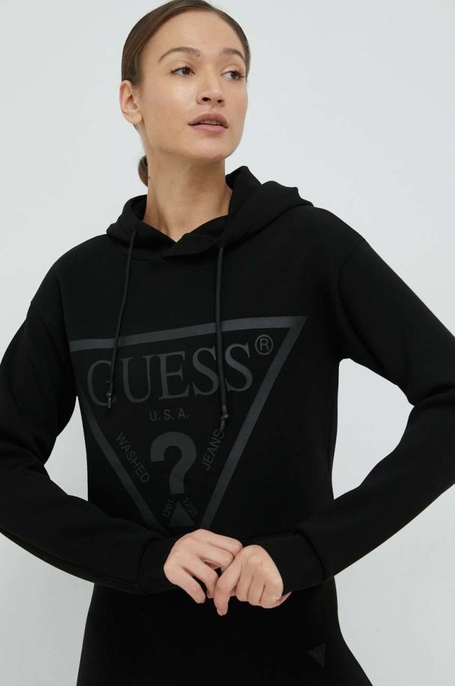 Кофта Guess жіноча колір чорний з капюшоном з принтом (2867244)