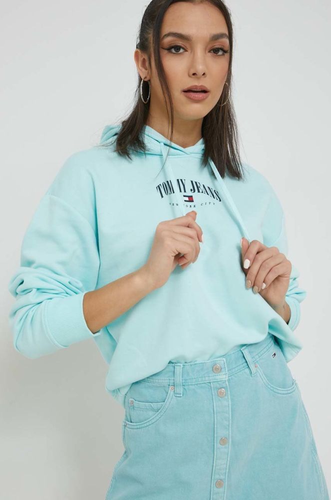 Кофта Tommy Jeans жіноча колір бірюзовий з капюшоном з принтом