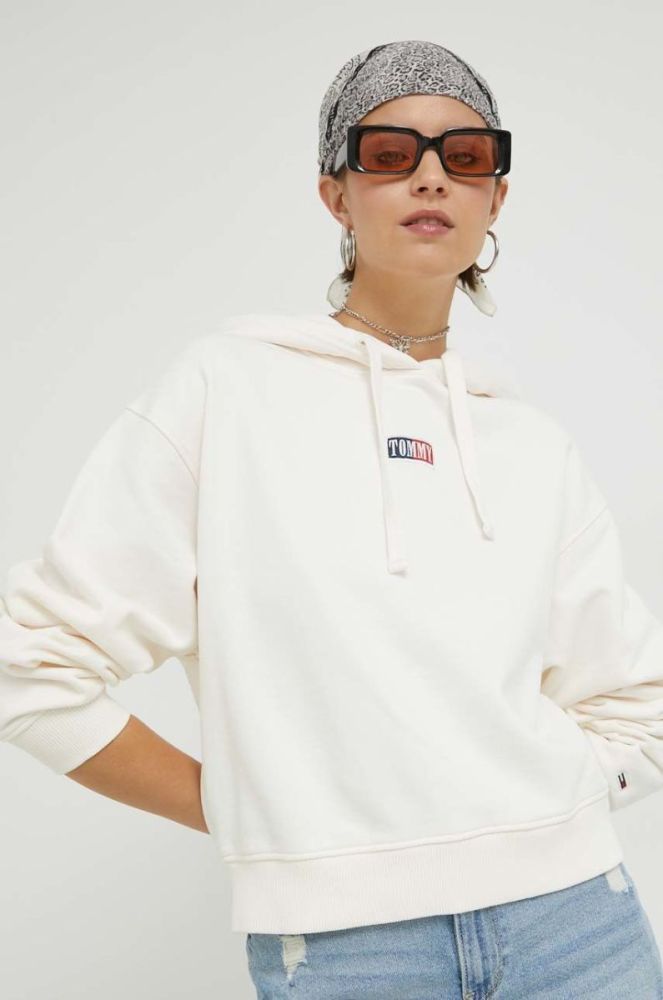 Бавовняна кофта Tommy Jeans жіноча колір бежевий з капюшоном однотонна фото 4