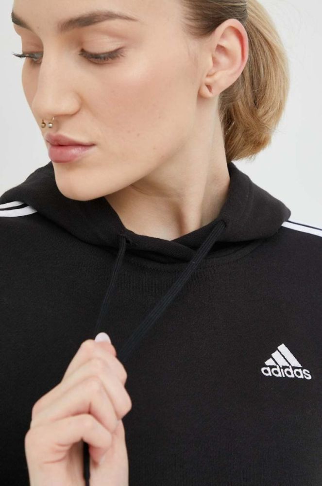 Кофта adidas Жіноча колір чорний з капюшоном візерунок фото 4