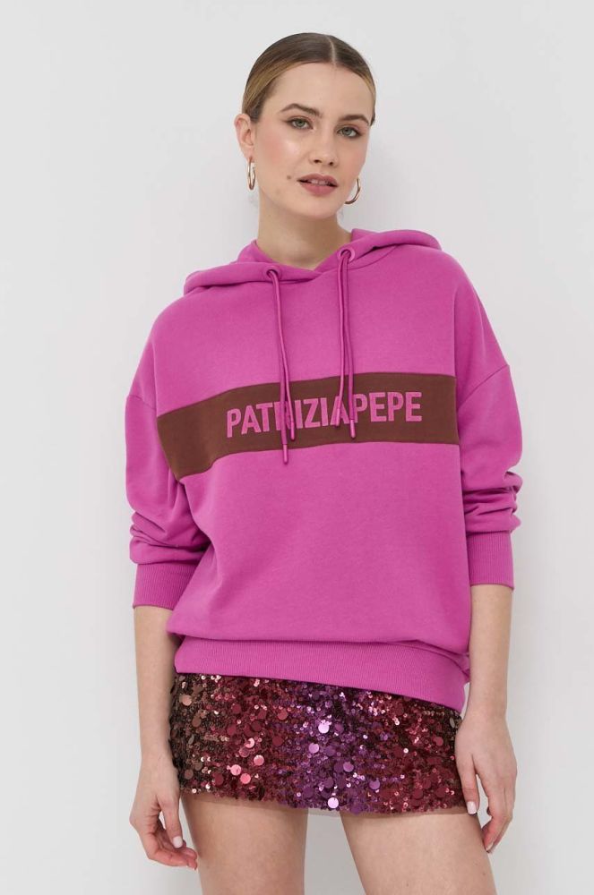 Бавовняна кофта Patrizia Pepe жіноча колір фіолетовий з капюшоном з принтом