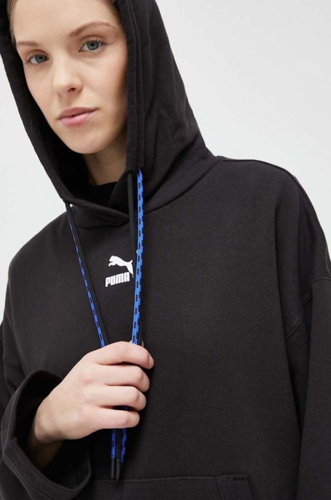 Бавовняна кофта Puma жіноча колір чорний з капюшоном з принтом фото 4