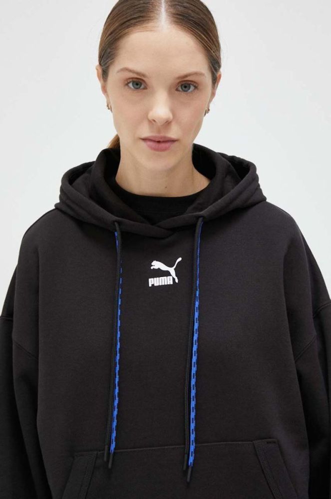 Бавовняна кофта Puma жіноча колір чорний з капюшоном з принтом фото 5