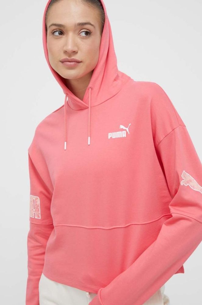 Бавовняна кофта Puma жіноча колір рожевий з капюшоном з принтом фото 4
