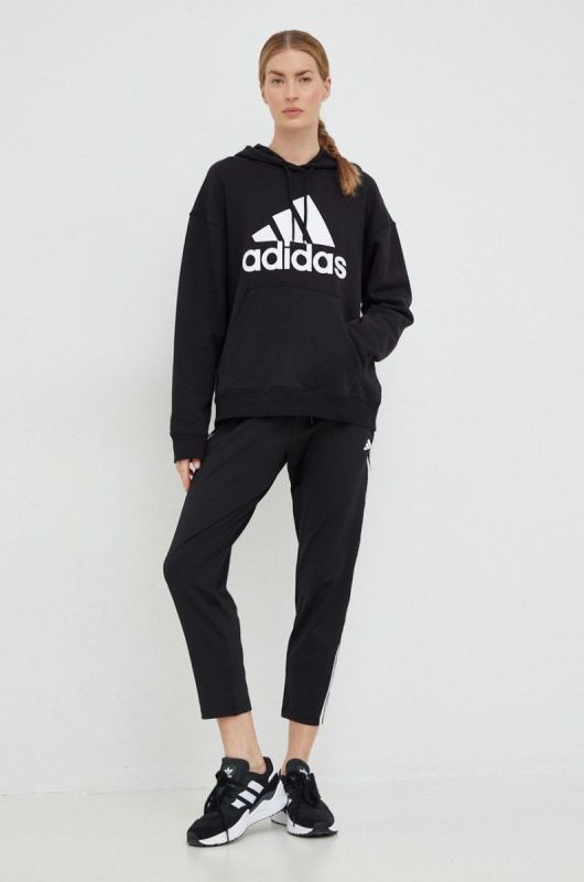 Бавовняна кофта adidas жіноча колір чорний з капюшоном з принтом (2936027) фото 2