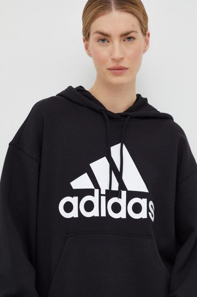 Бавовняна кофта adidas жіноча колір чорний з капюшоном з принтом (2936027) фото 4