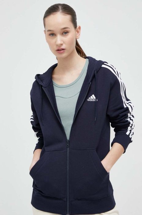 Кофта adidas жіноча колір синій з капюшоном з аплікацією