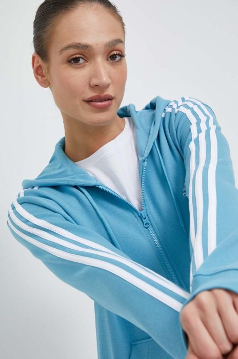Бавовняна кофта adidas жіноча з капюшоном з аплікацією колір блакитний (3227207)